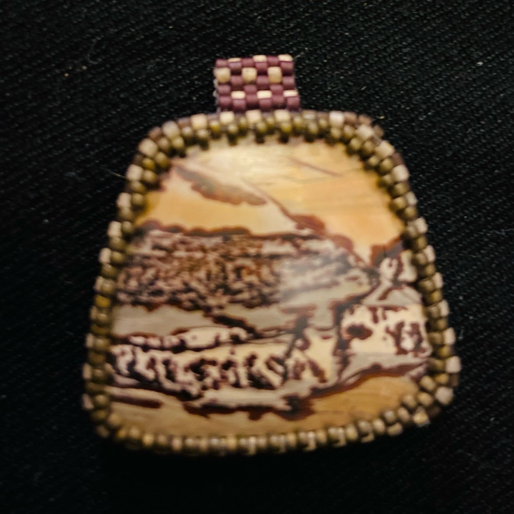 Indian painted jasper (?) beaded pendant -back is suede- about 1 inch in length